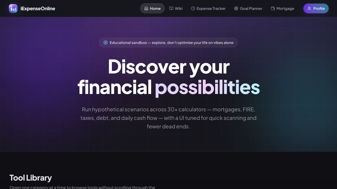 iExpenseOnline: Exploratory Financial Sandbox — actual website capture