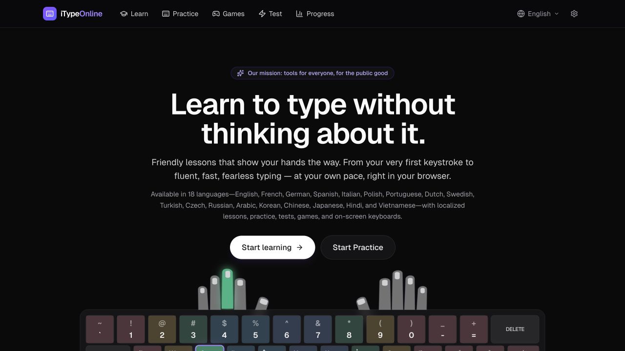 iTypeOnline — Learn to type, beautifully. — actual website capture