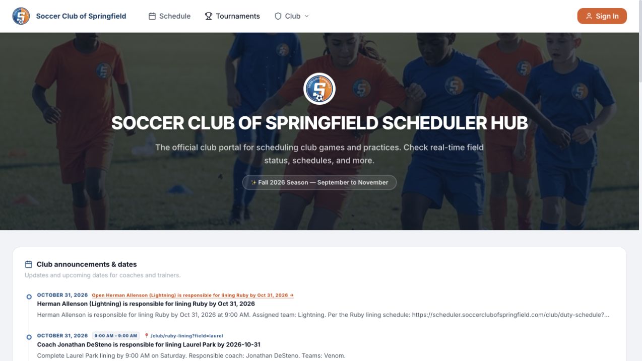Soccer Club of Springfield Portal — actual website capture